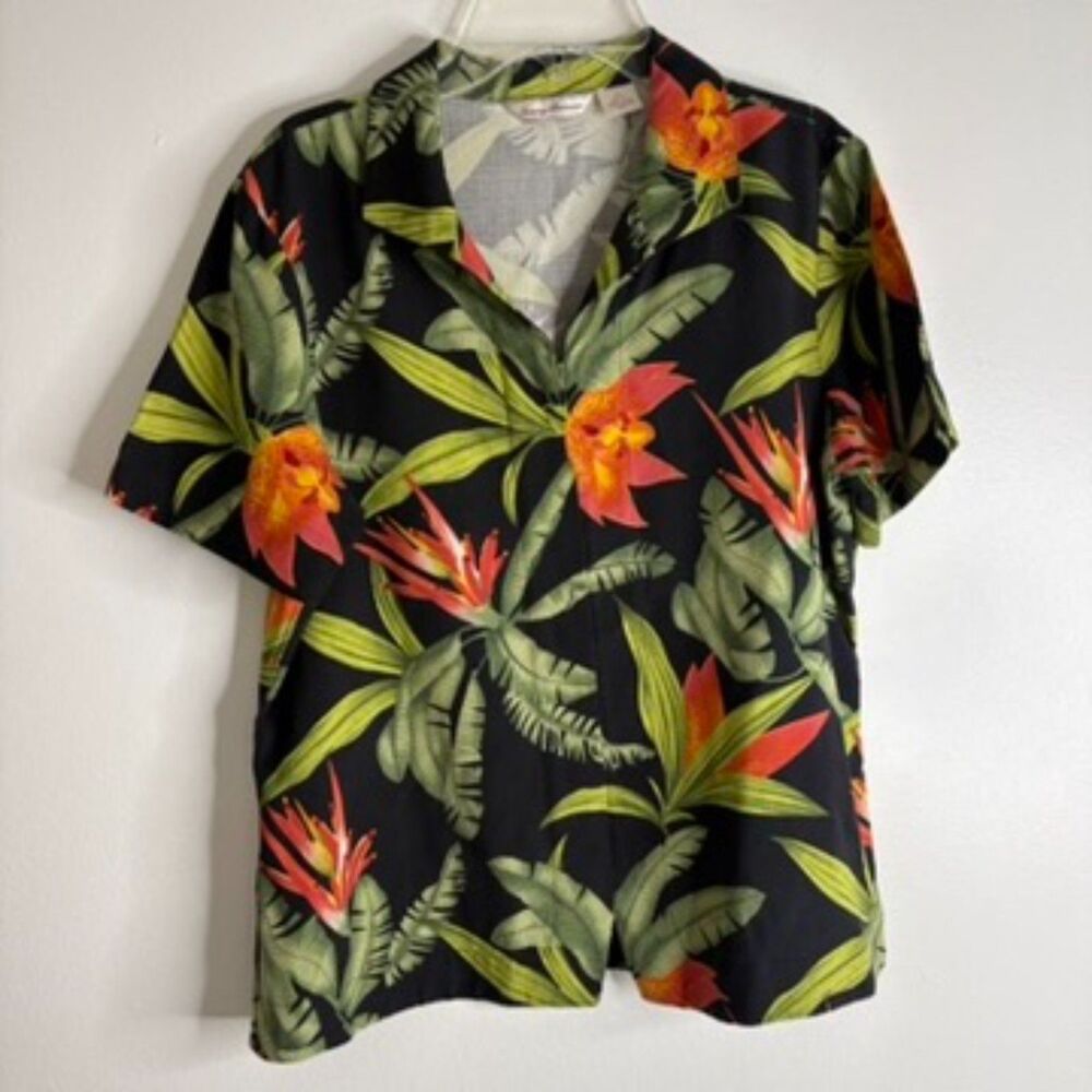 Tommy Bahama 100% Silk Womens Medium Black Hawaiian Tropical Floral Camp Shirt